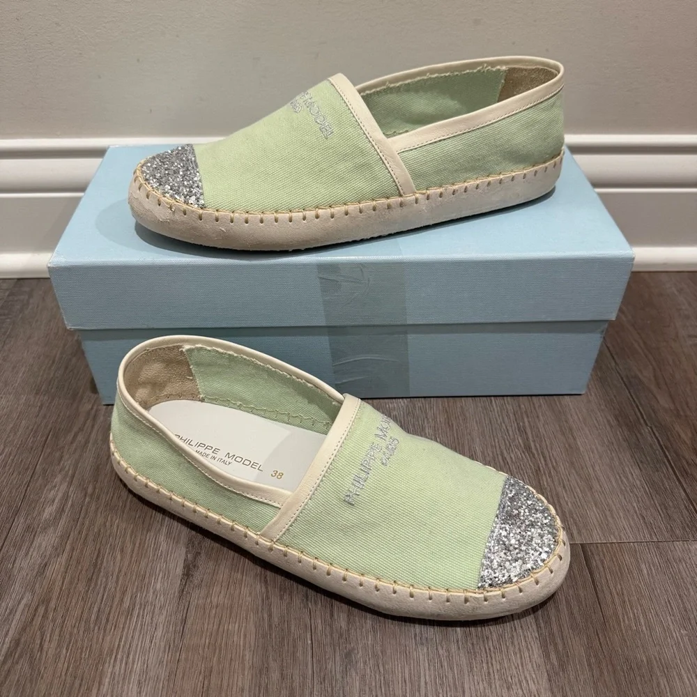 Philippe Model Marseille Low Canvas Glitter Detail Green Espadrille Flats